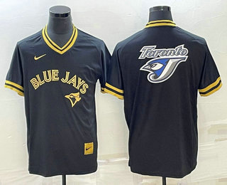 Mens Toronto Blue Jays Big Logo Black Gold Nike Cooperstown Legend V Neck Jersey->->MLB Jersey